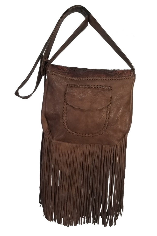 (image for) Inlaid Hand Tooled Fringed Leather Cross Body Shoulder Bag